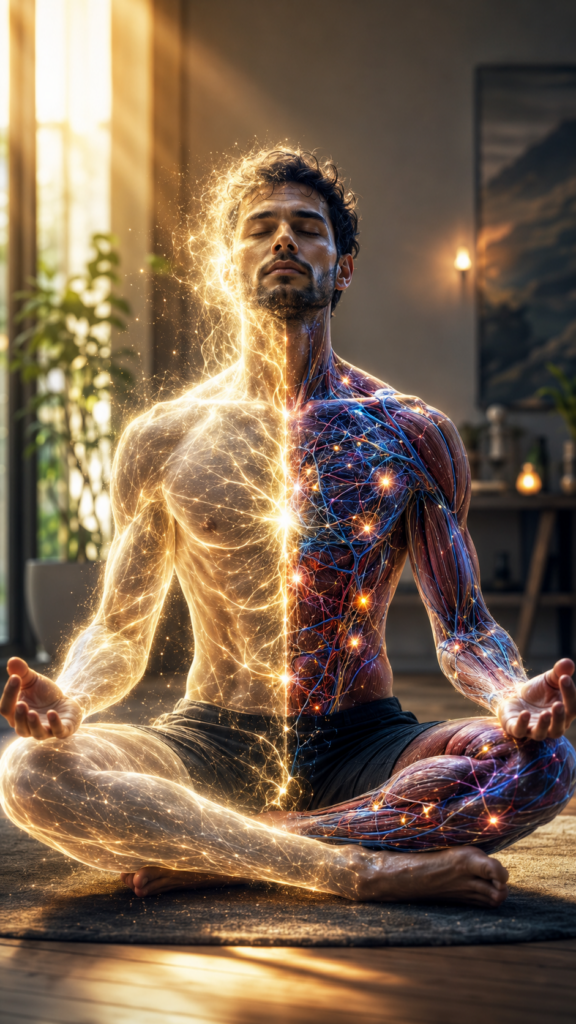 Hombre en integración de energía espiritualidad y fisiología