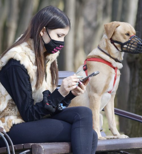 perro, mujer cubrebocas